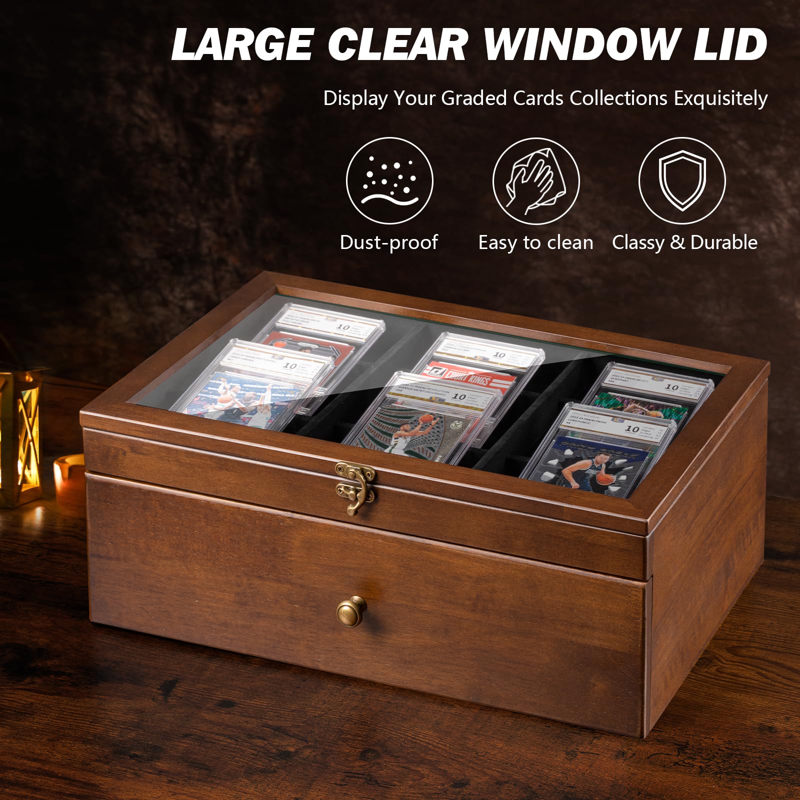 Emfogo wooden display case angles six cards for easy viewing while keeping them protected