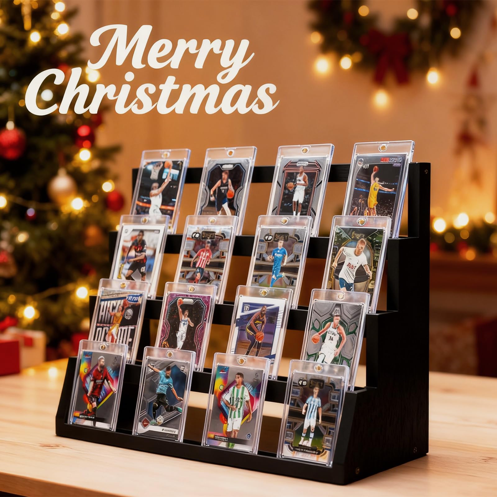Emfogo wooden trading card display showing rustic texture and organization