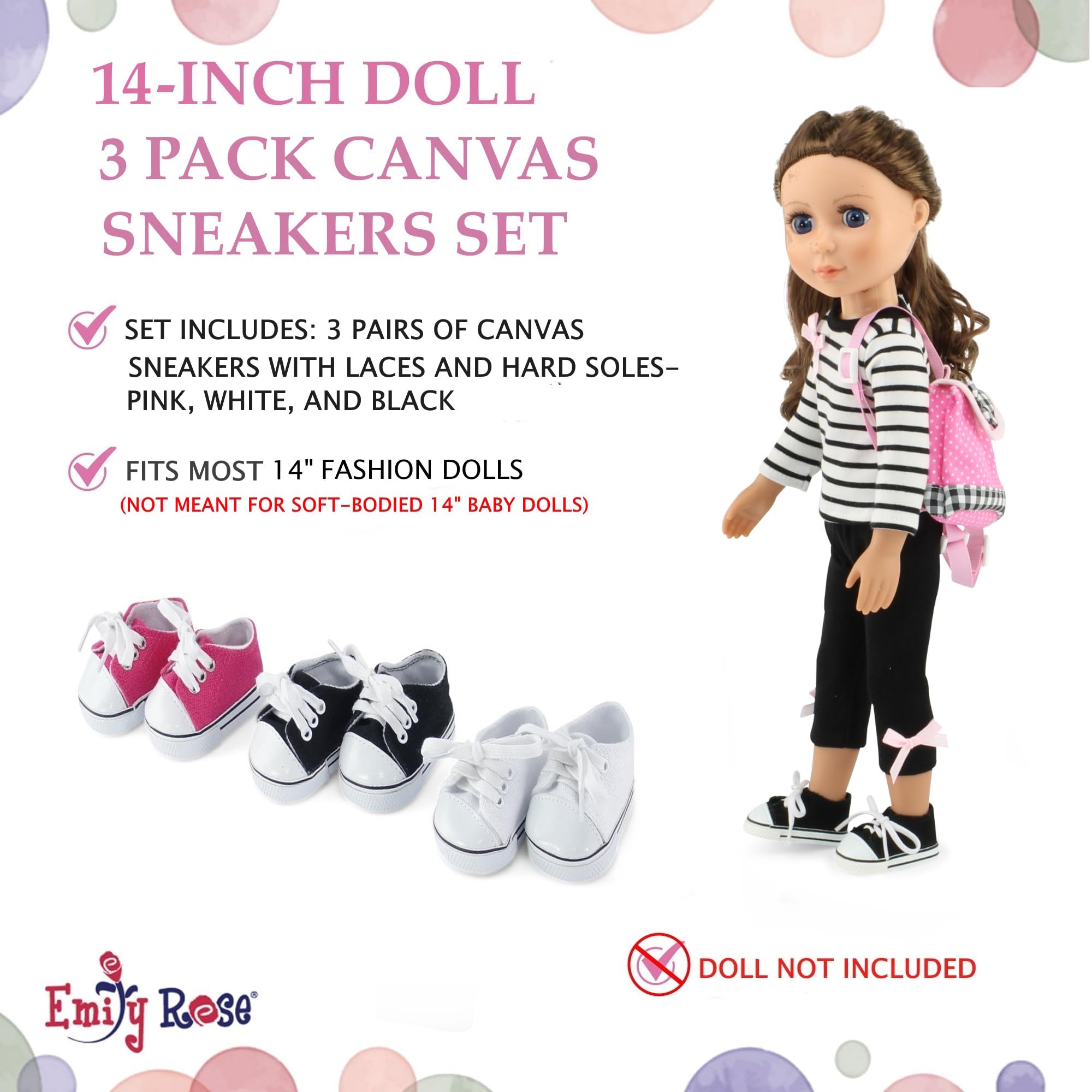 Emily Rose black canvas sneakers for 14-inch dolls, sleek everyday option.