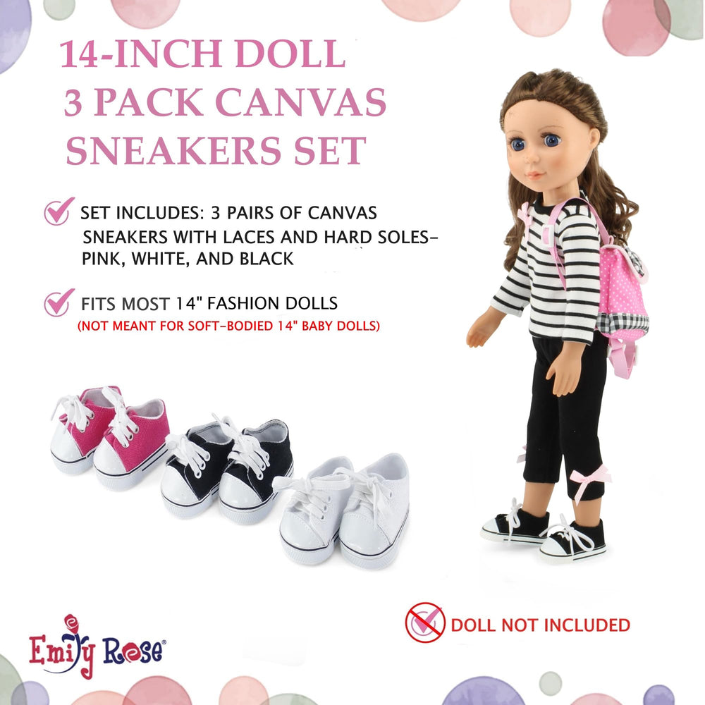 Emily Rose black canvas sneakers for 14-inch dolls, sleek everyday option.