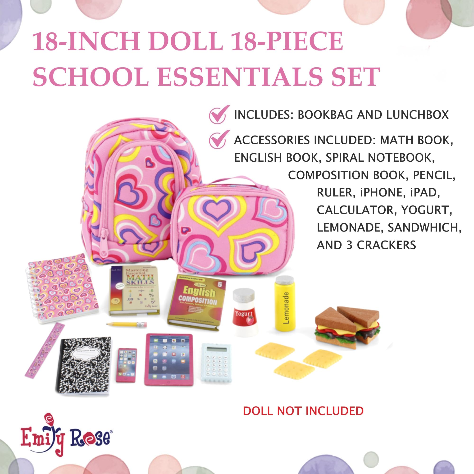 Emily Rose lunchbox for 18-inch dolls, keeps snacks organized during pretend lunch-time play.