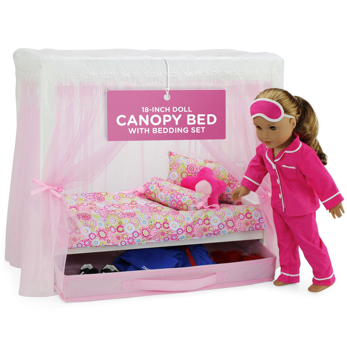 Emily Rose 18in doll canopy bed with white wood for imaginative play