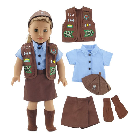 Emily Rose 18-inch doll brownie uniform vest with embroidered patches for imaginative play