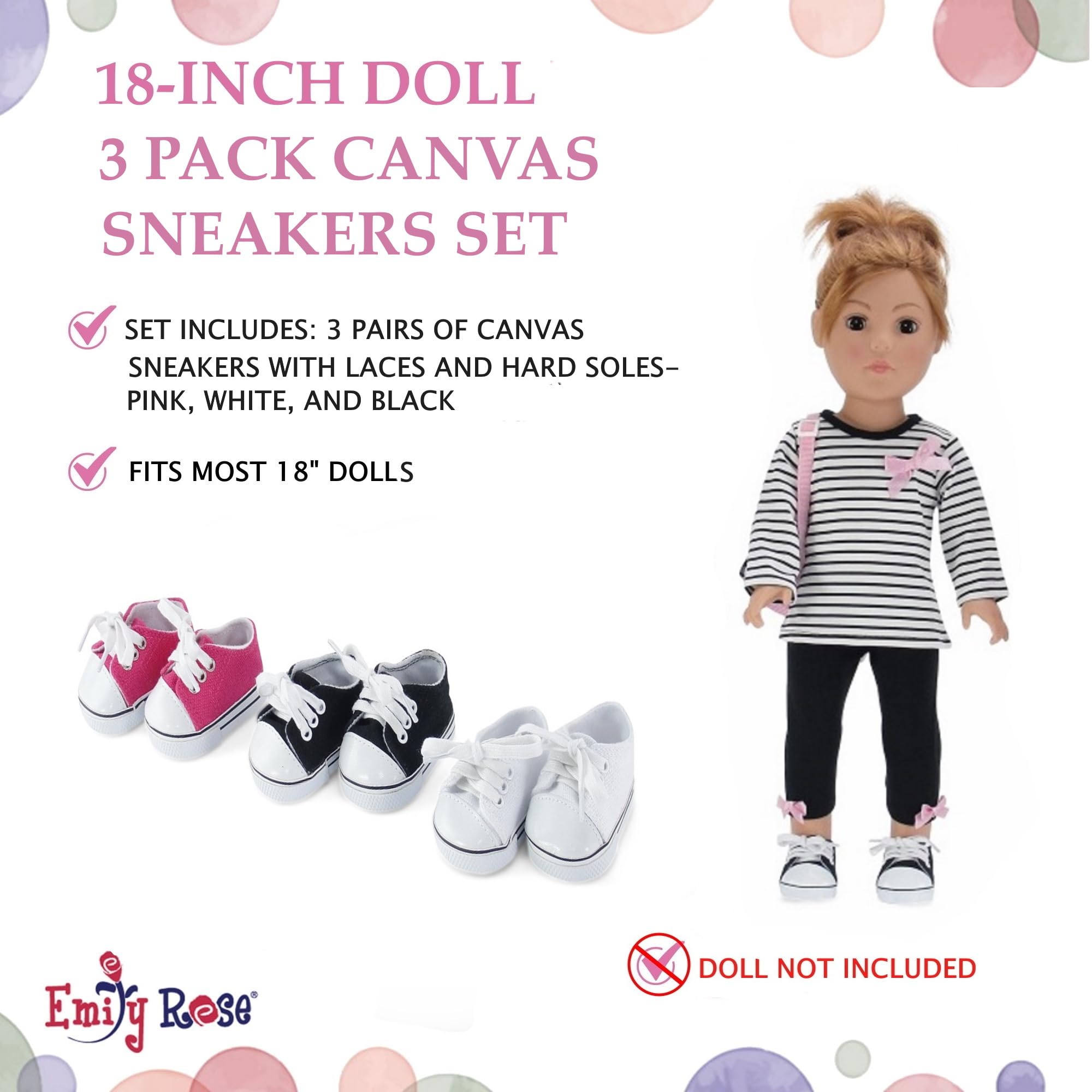 Emily Rose black 18-inch doll sneakers add bold contrast to outfits