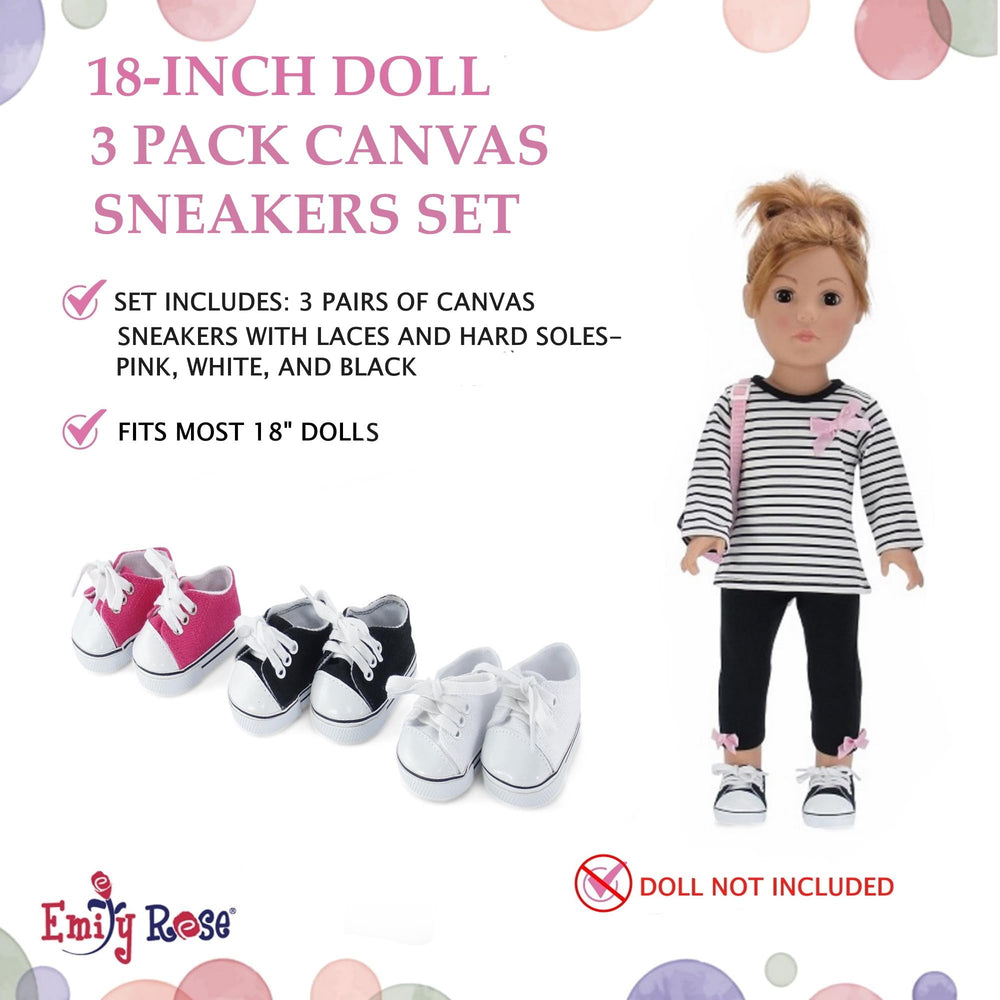 Emily Rose black 18-inch doll sneakers add bold contrast to outfits
