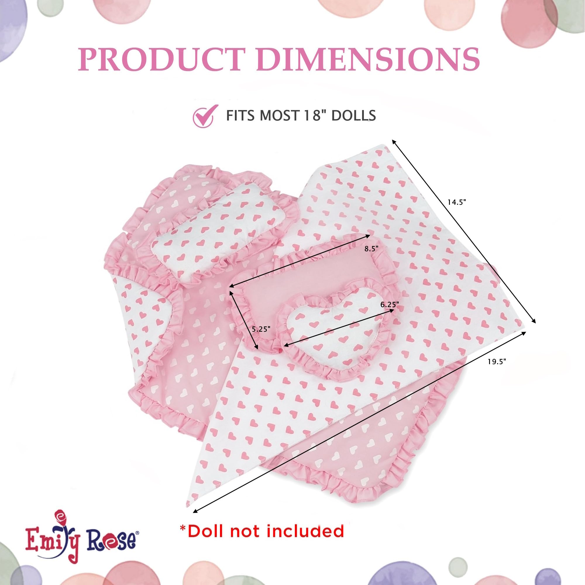 Emily Rose accent pillow with pink heart design enhances the doll bedroom.