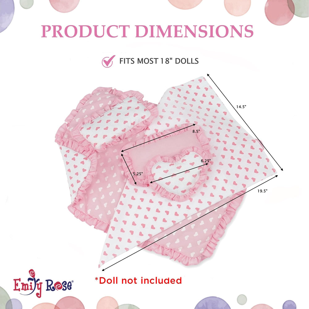 Emily Rose accent pillow with pink heart design enhances the doll bedroom.