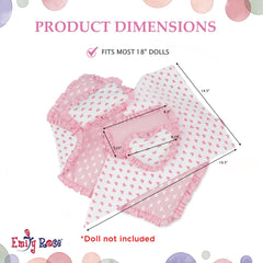 Emily Rose accent pillow with pink heart design enhances the doll bedroom.