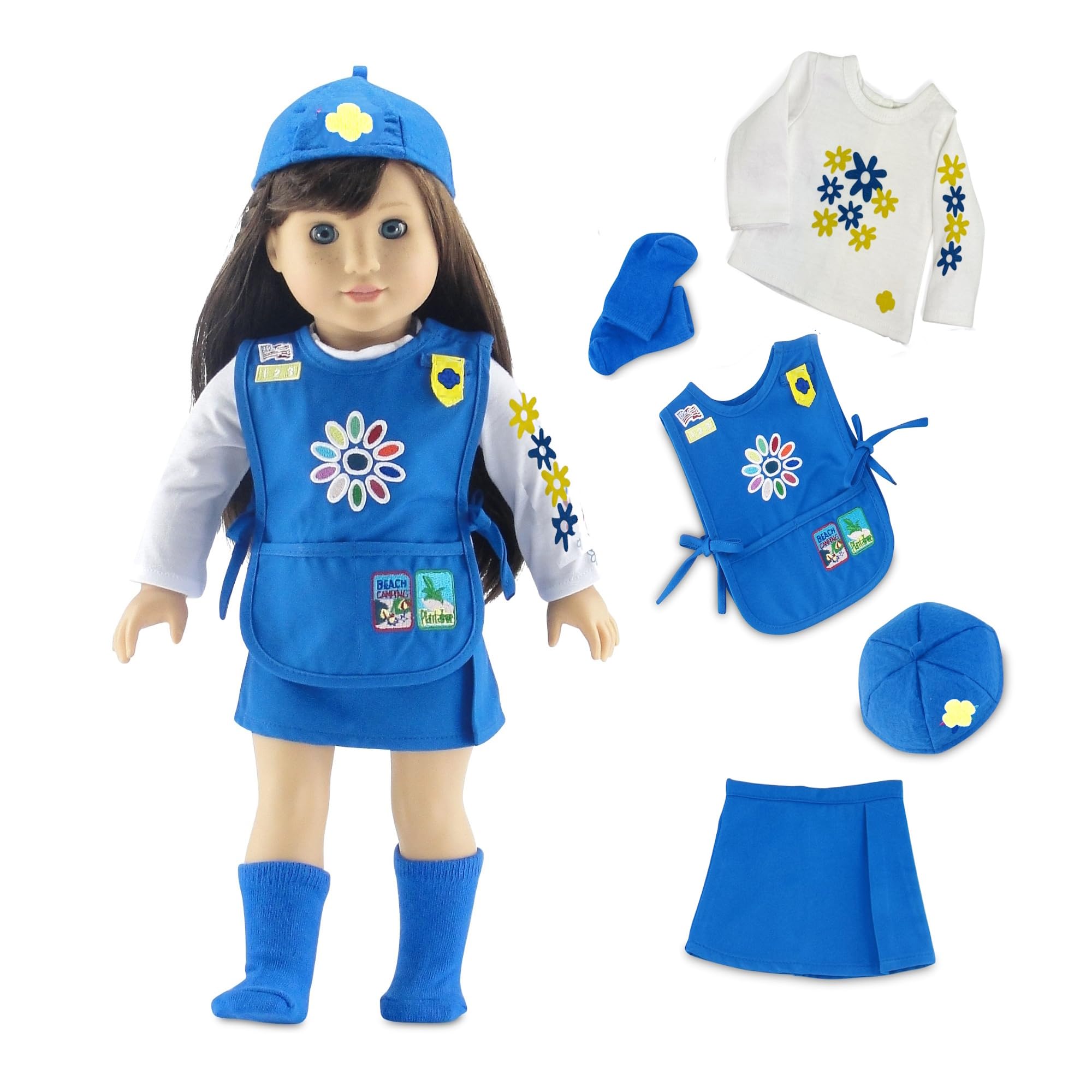 Emily Rose daisy scout skirt for 18-inch dolls, ready-to-wear for vibrant play.
