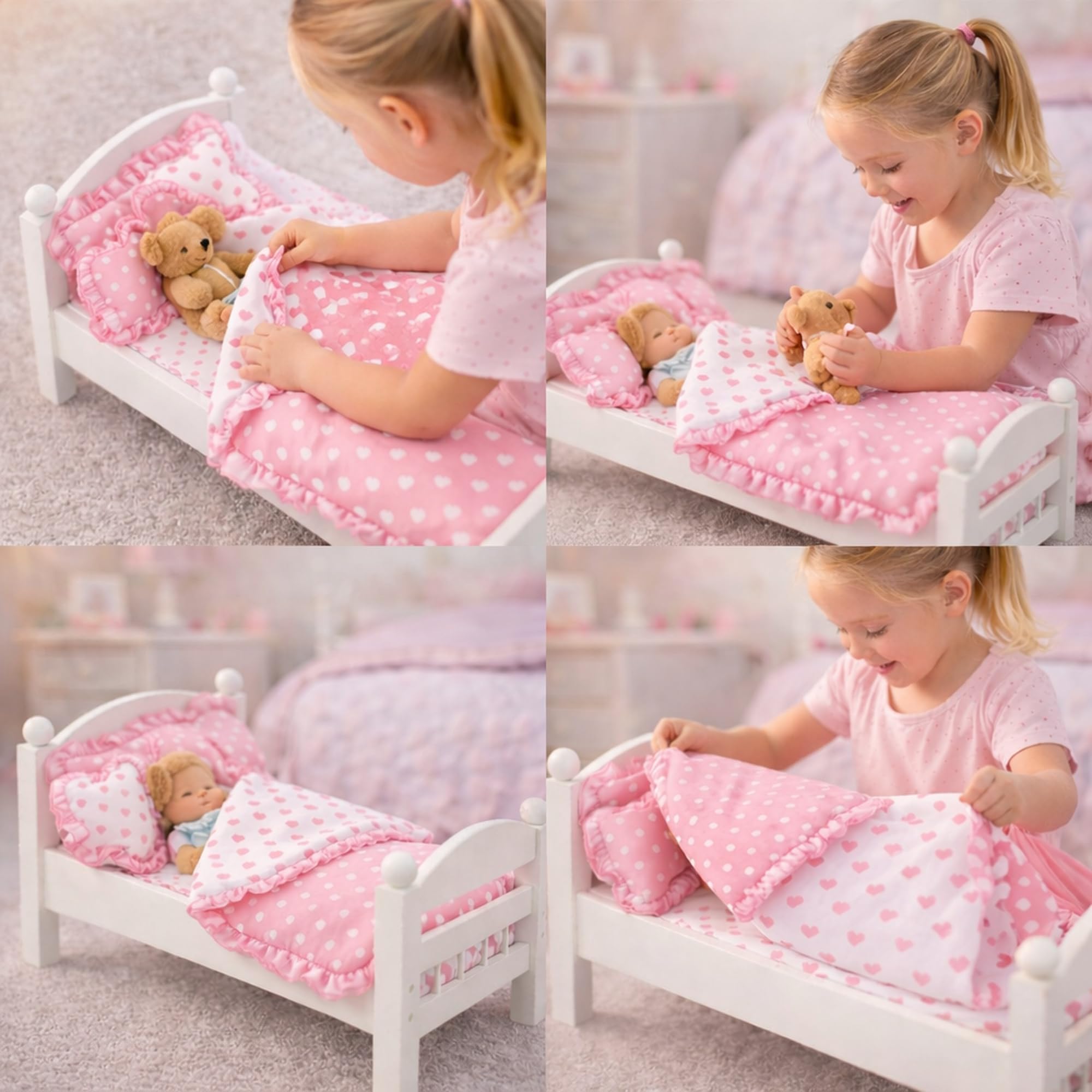 Emily Rose flat-fit mattress cover for quick transformation of a doll bed.