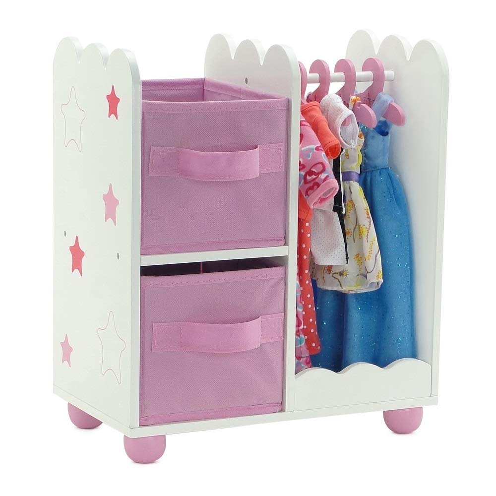Emily Rose storage bins keep doll accessories, shoes, and purses neatly organized.