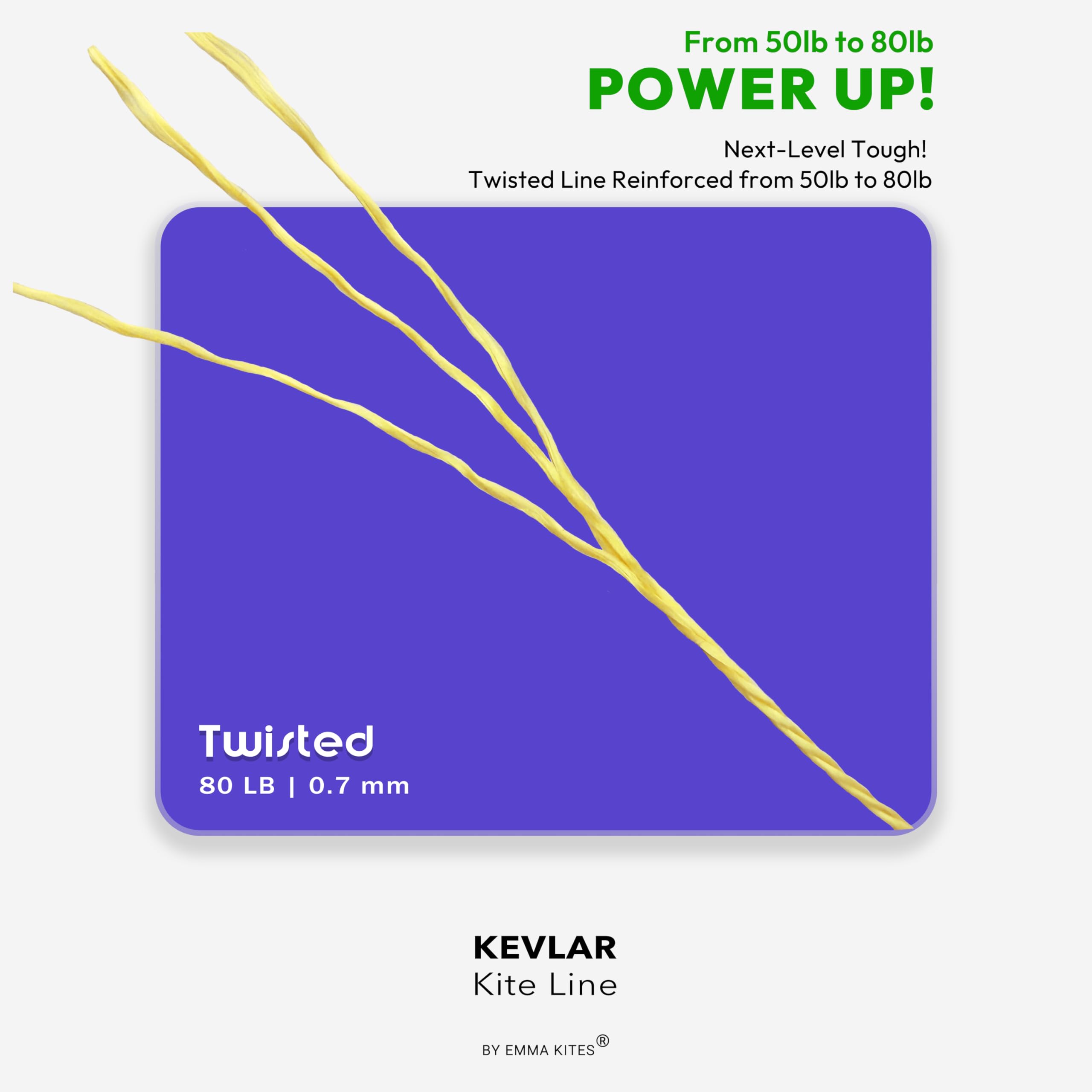Emma Kites Kevlar Line 80lb twisted close-up highlights high strength and low stretch.