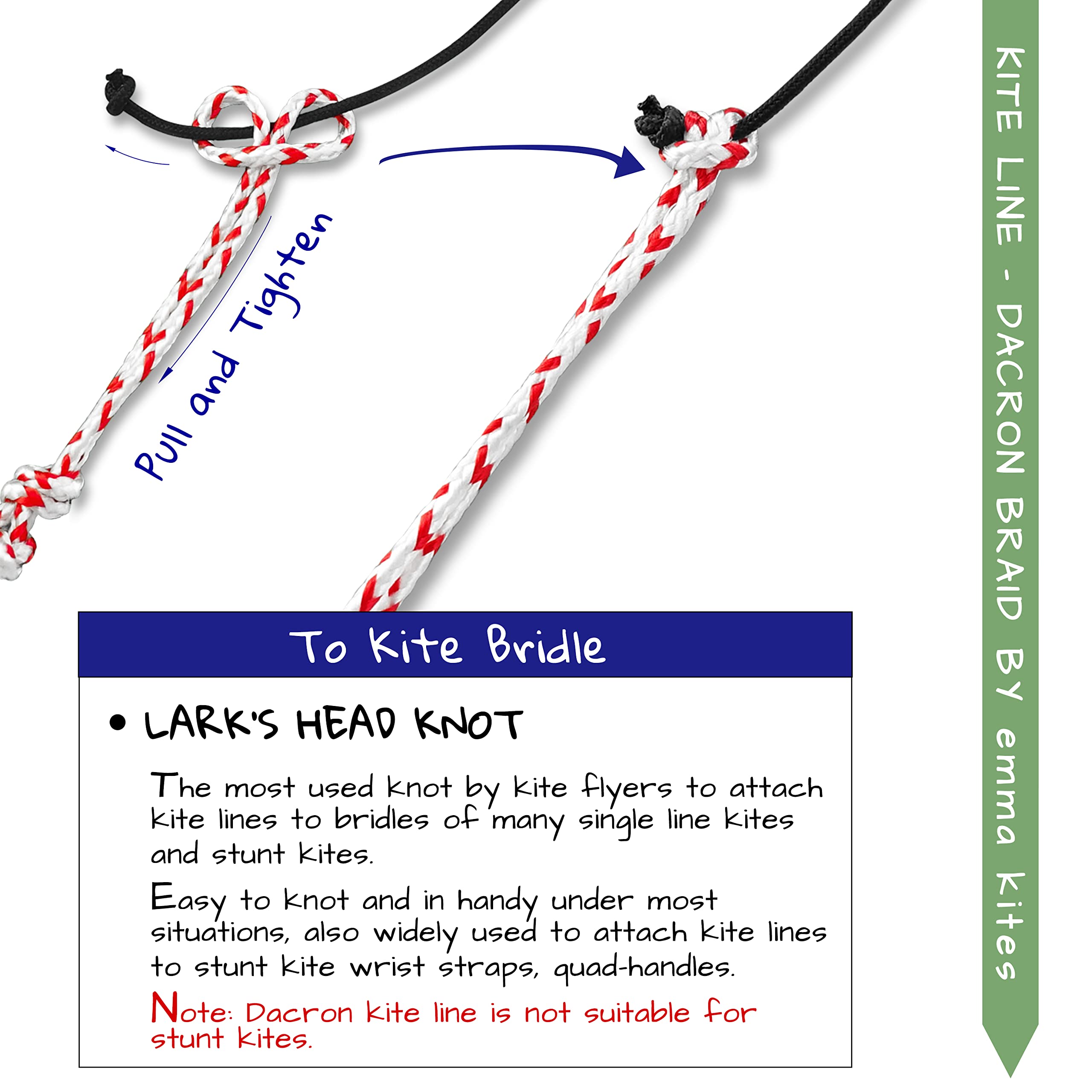 Emma Kites braided Dacron line with even yarn construction for strength.