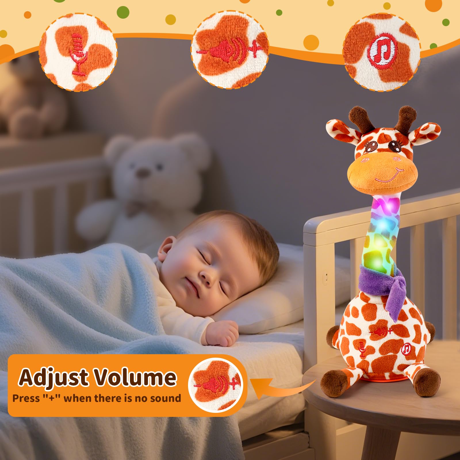 Emoin giraffe neck twists and lights up during music for visual engagement.