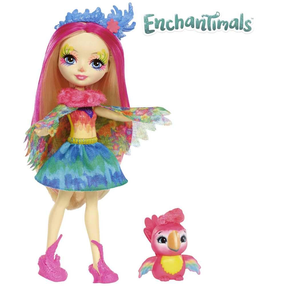 Peeki Parrot doll wearing blue-green removable skirt for colorful dress-up fun