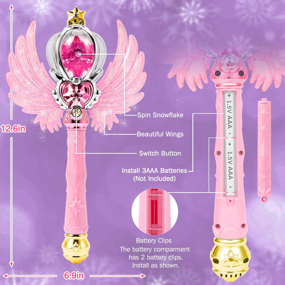 EnchantZone wand with spinning LEDs and decorative wings for princess cosplay