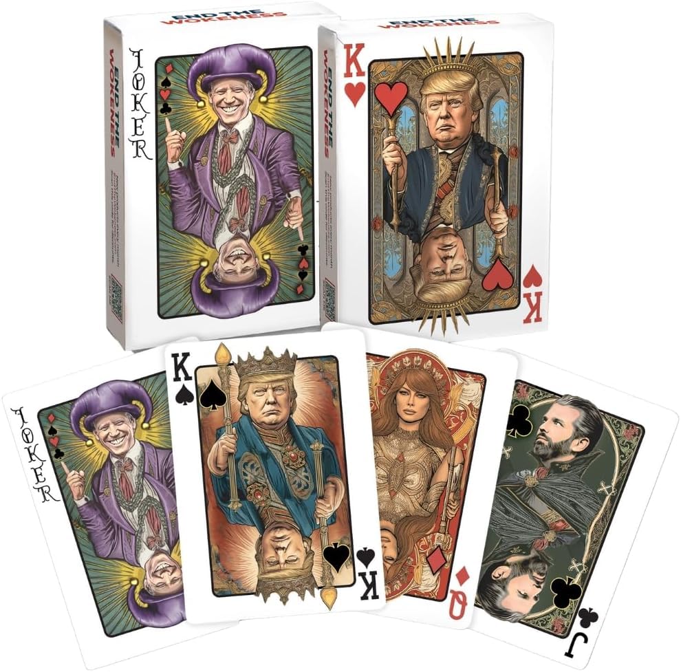 END THE WOKENESS Trump Family poker deck front with vivid imagery for lively game nights.
