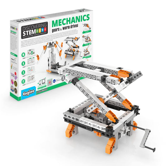 Engino crane model shows gear ratios for young engineers.