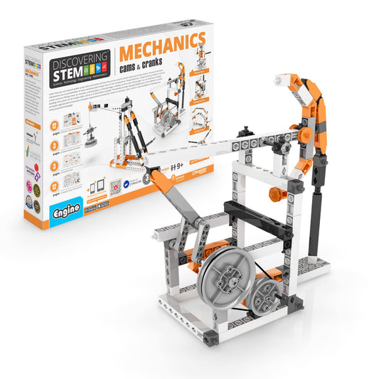 Engino fishing crane model demonstrates motion transfer for hands-on STEM learning.