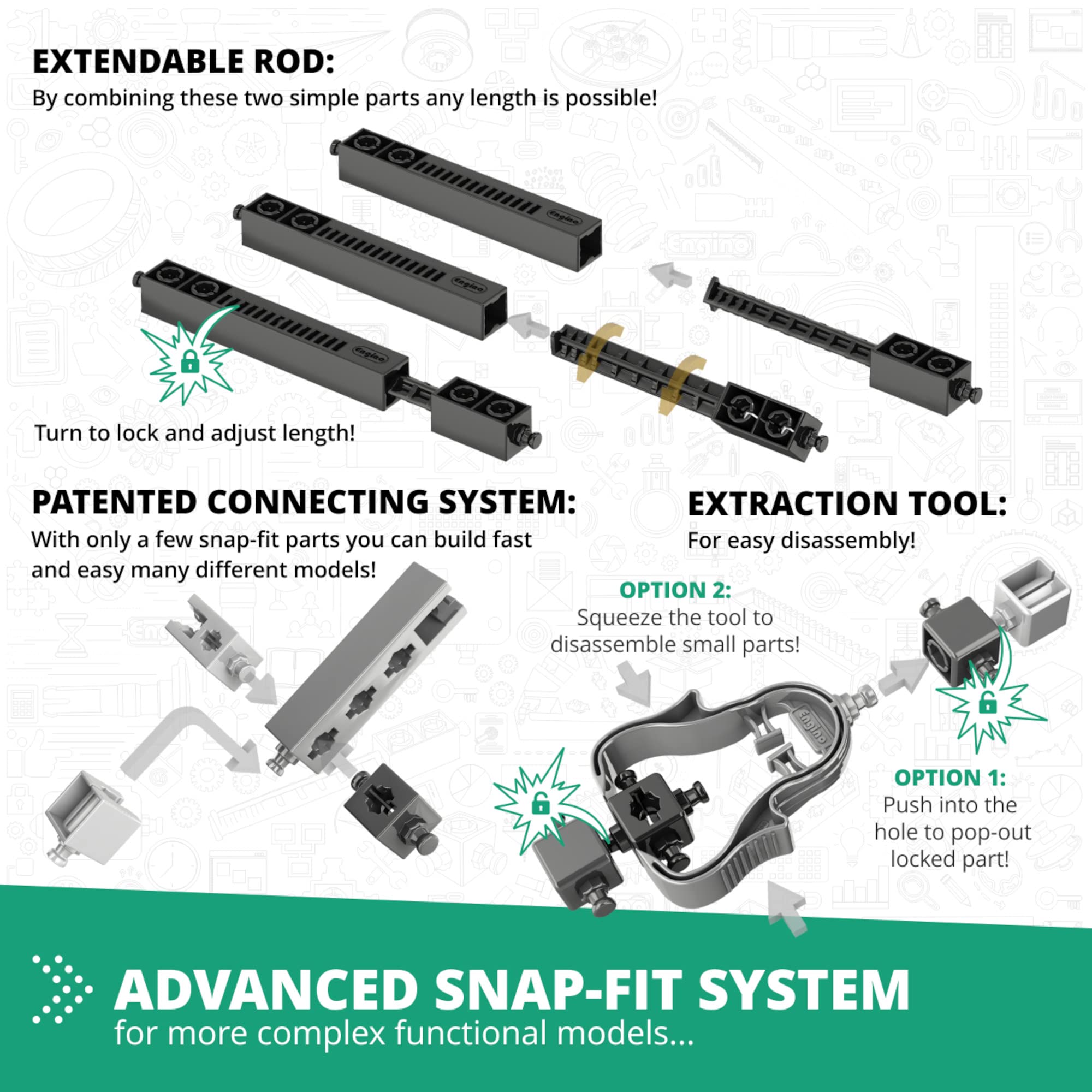Engino Mechanics gear rack model introduces gears and synchronized motion.