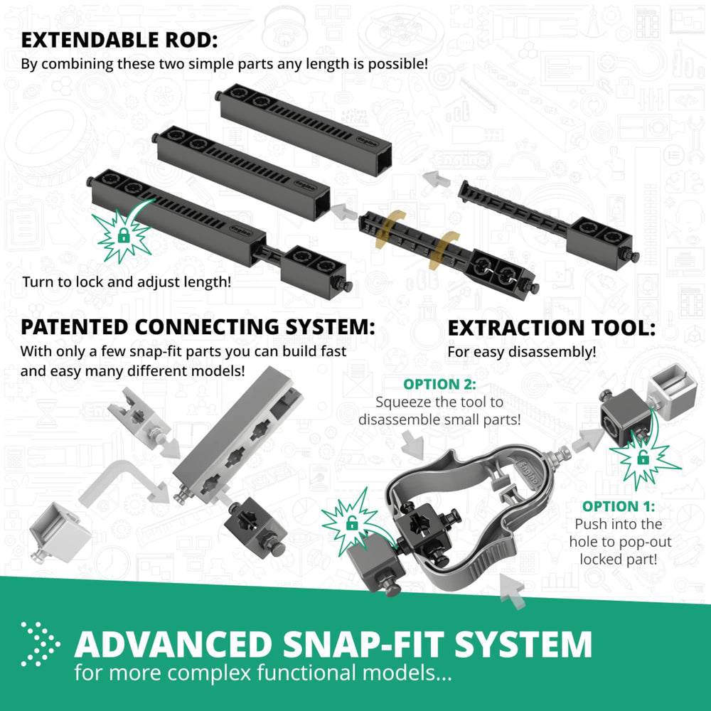 Engino Mechanics gear rack model introduces gears and synchronized motion.