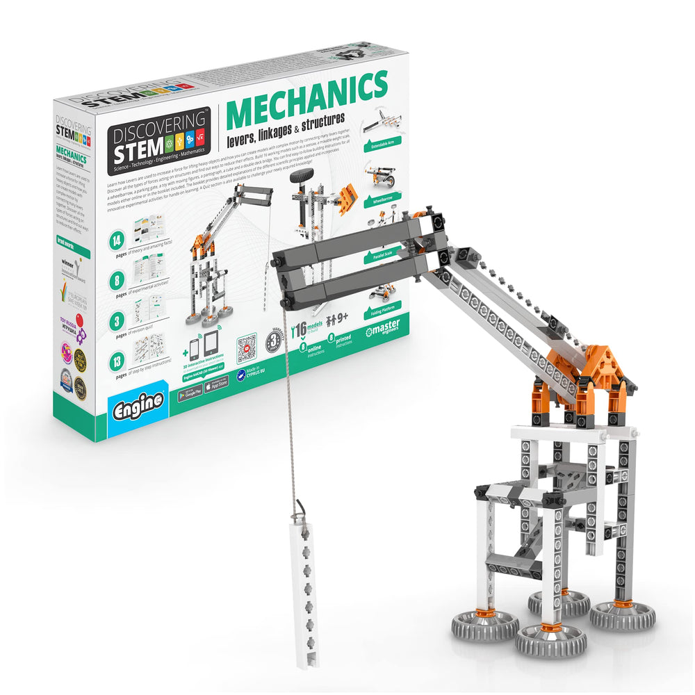 Engino Mechanics lever seesaw model illustrates lever principles for kids.