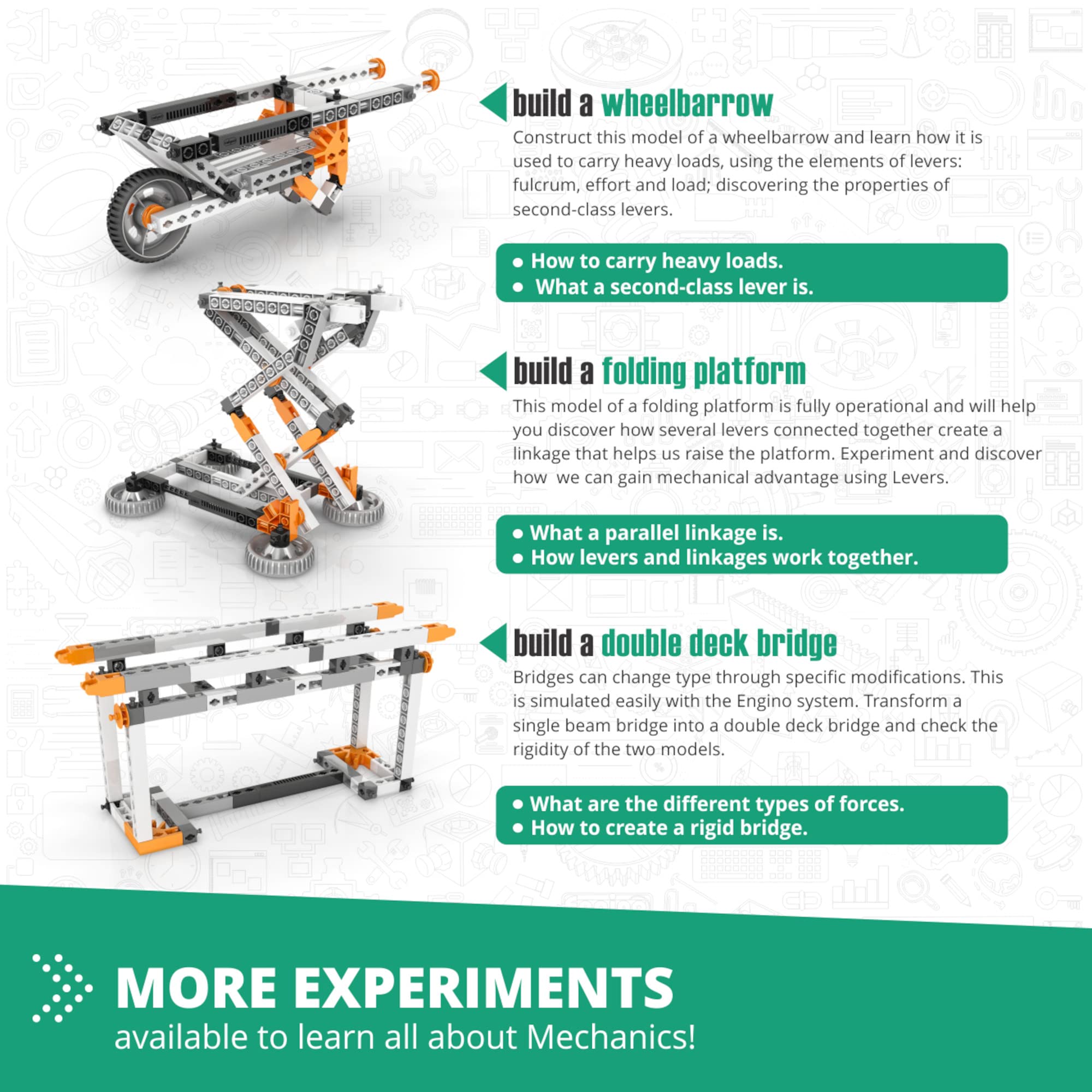 Engino Mechanics stability tower model emphasizes durable construction skills.