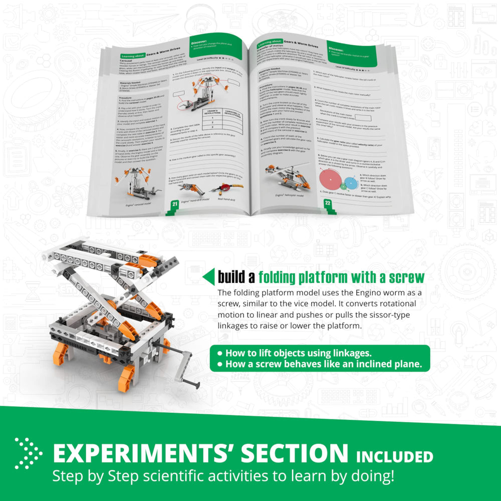 Engino worm drive model shows rotational speed changes for practical STEM learning.