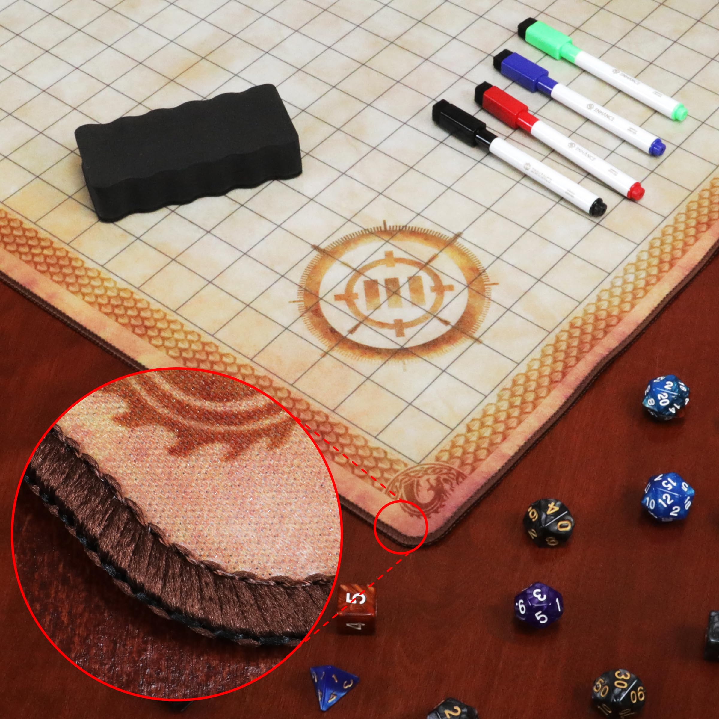 ENHANCE Deluxe RPG Grid Mat close-up of anti-fray stitching for durability