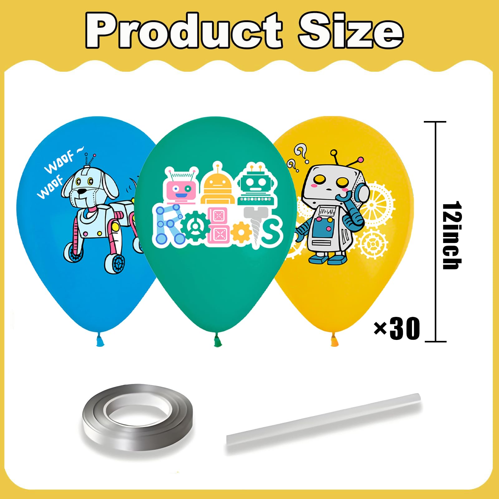 Enimapod robot balloons in green blue yellow create a vibrant STEM party backdrop