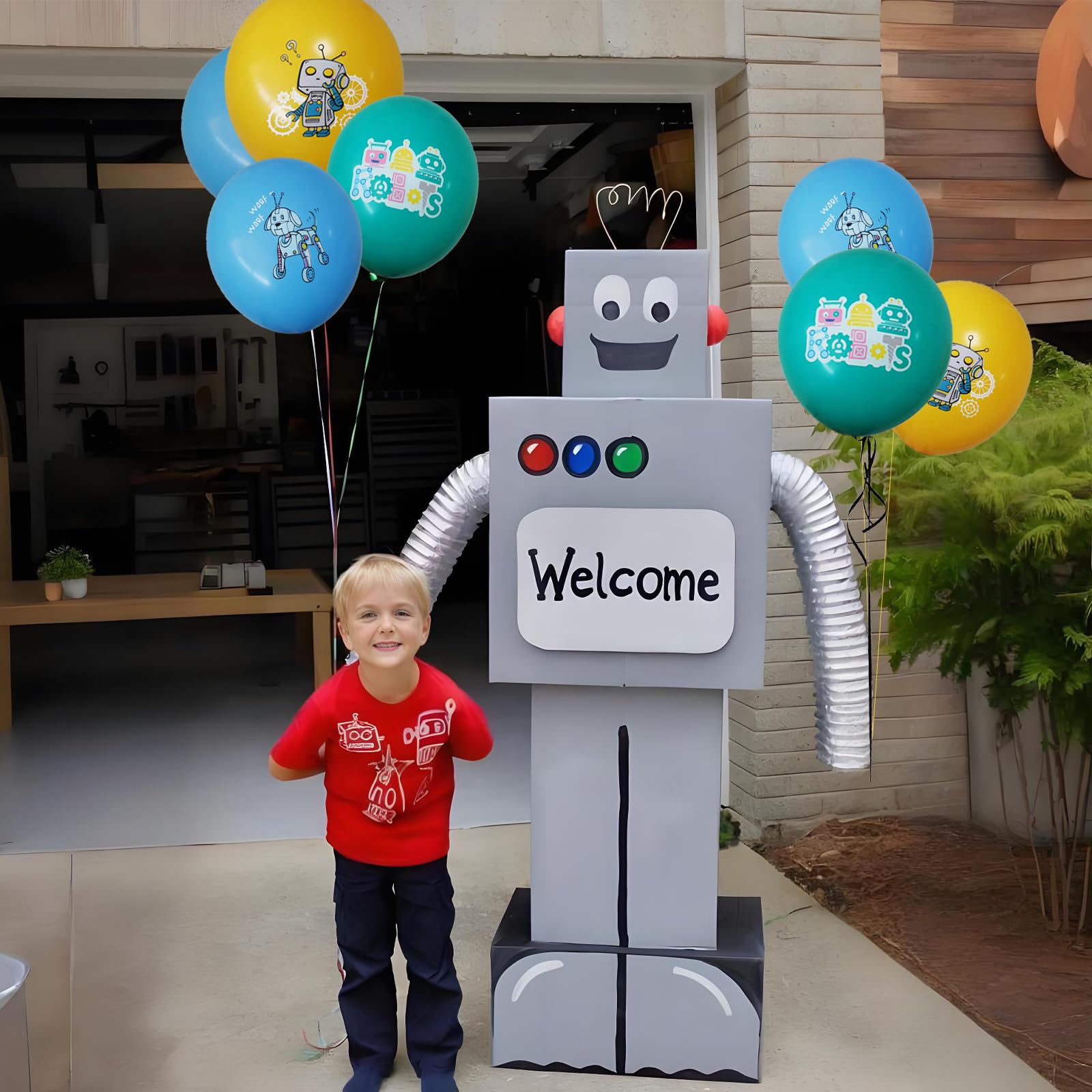 Enimapod robot themed decor balloons enhance birthday party photos and ambiance