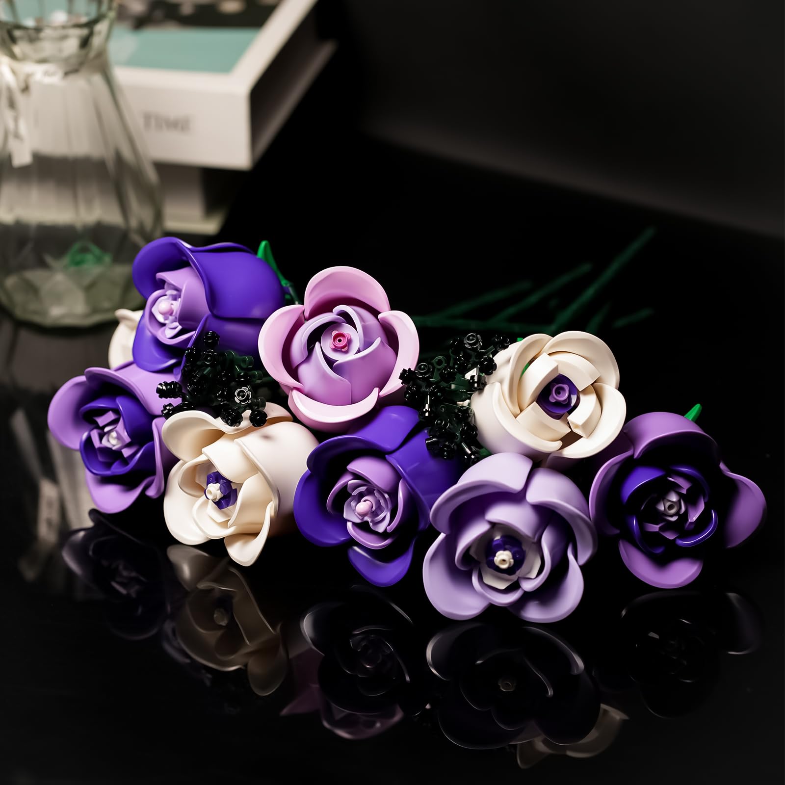 ENJBRICK buildable rose stems with pink and purple accents for creative decor projects.