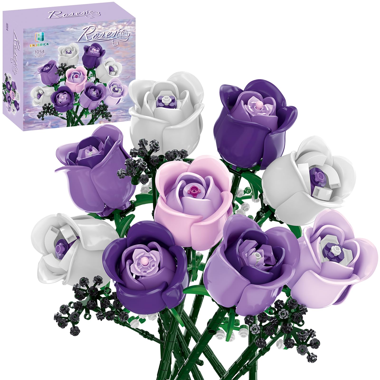 ENJBRICK rose bouquet build kit showing pink roses and baby's breath for stylish home décor.