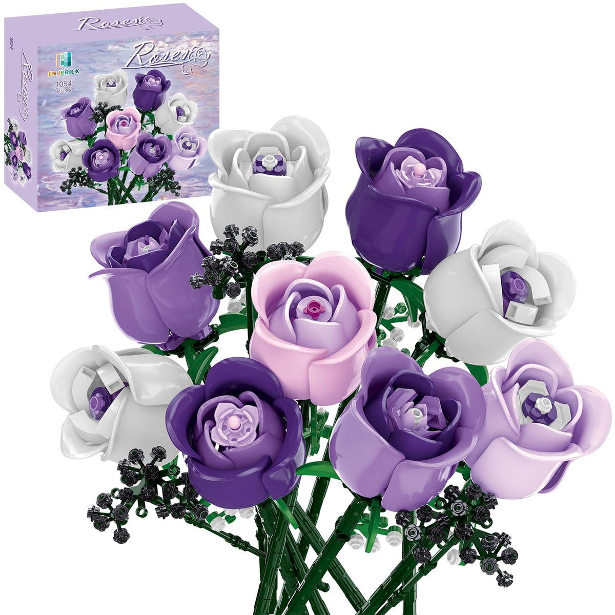 ENJBRICK rose bouquet build kit showing pink roses and baby's breath for stylish home décor.