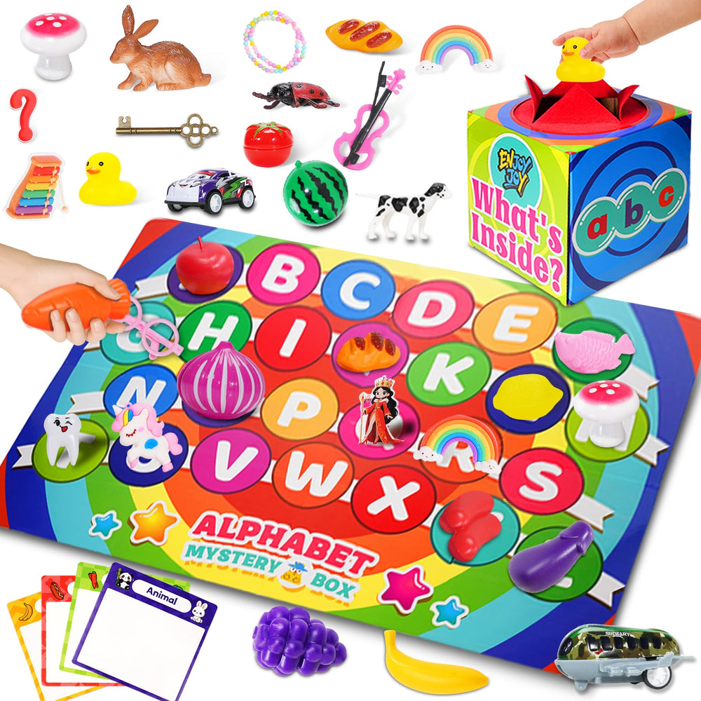Enjoyjoy Mystery Box contents showing 58 pieces for hands-on speech and literacy play