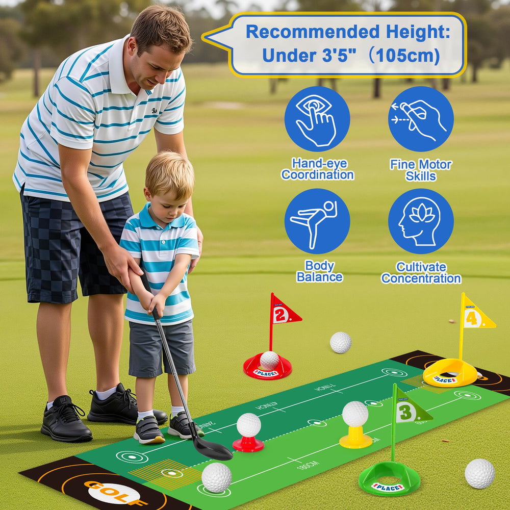 Enjoyjoy mini golf mat, tees, and targets for quick setup.