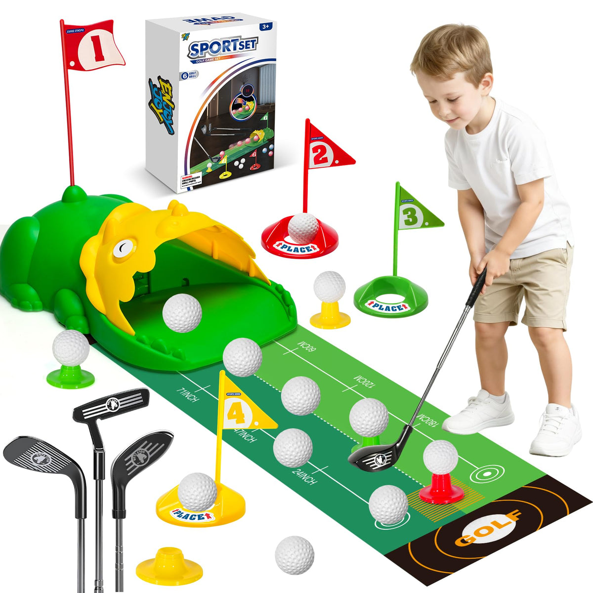 Enjoyjoy upgraded kids golf set with auto returner for indoor and outdoor play.