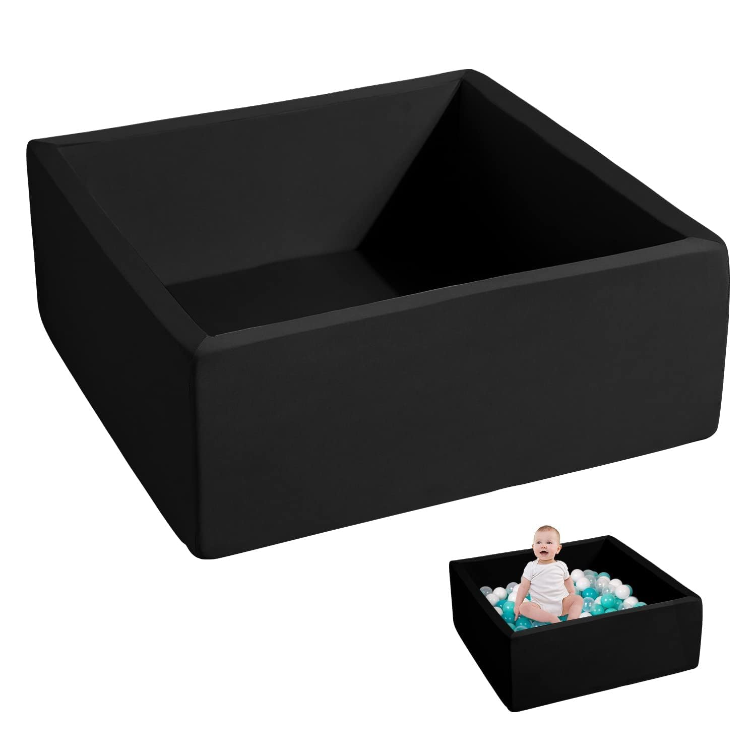 ENMOGO foam ball pit square with black cover creates a soft, safe toddler play space.