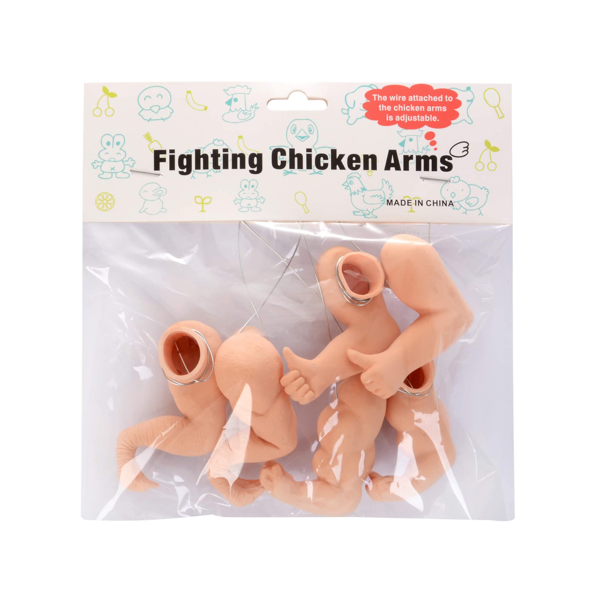 Enrichoice thumb-up arms for chickens provide a playful pose at events.