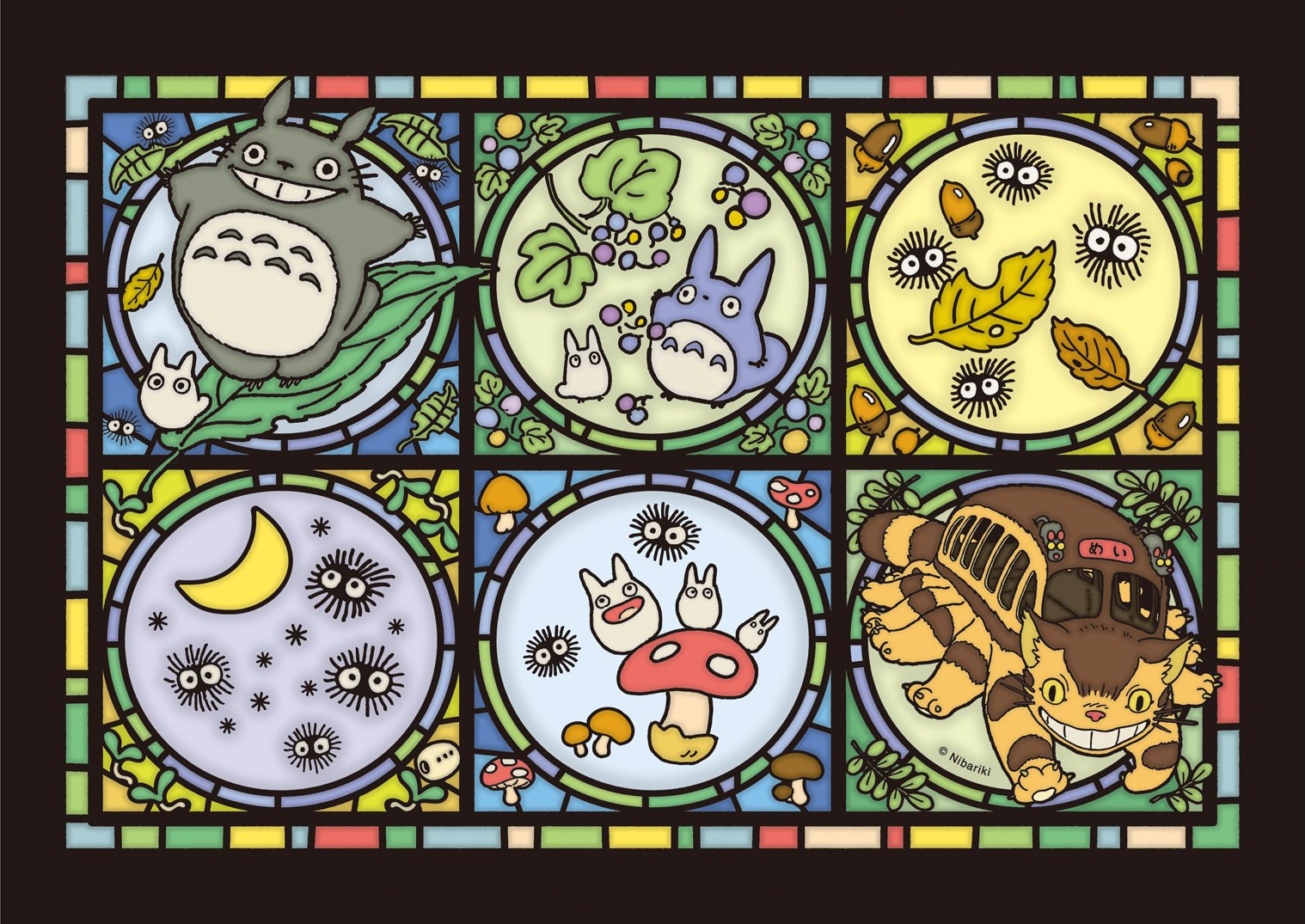 Ensky Totoro stained-glass puzzle image featuring Catbus and friends for luminous display.