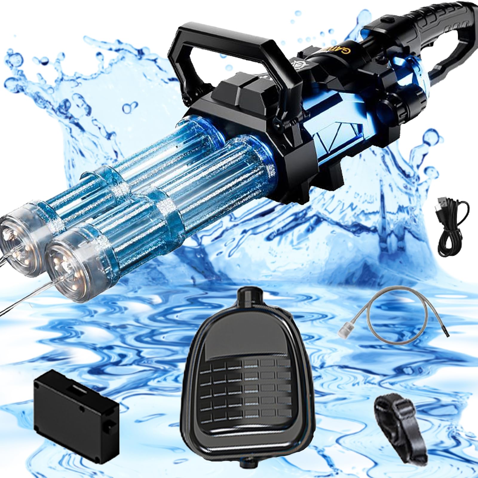 Enttgo electric Gatling water gun front view shows large capacity for extended battles.