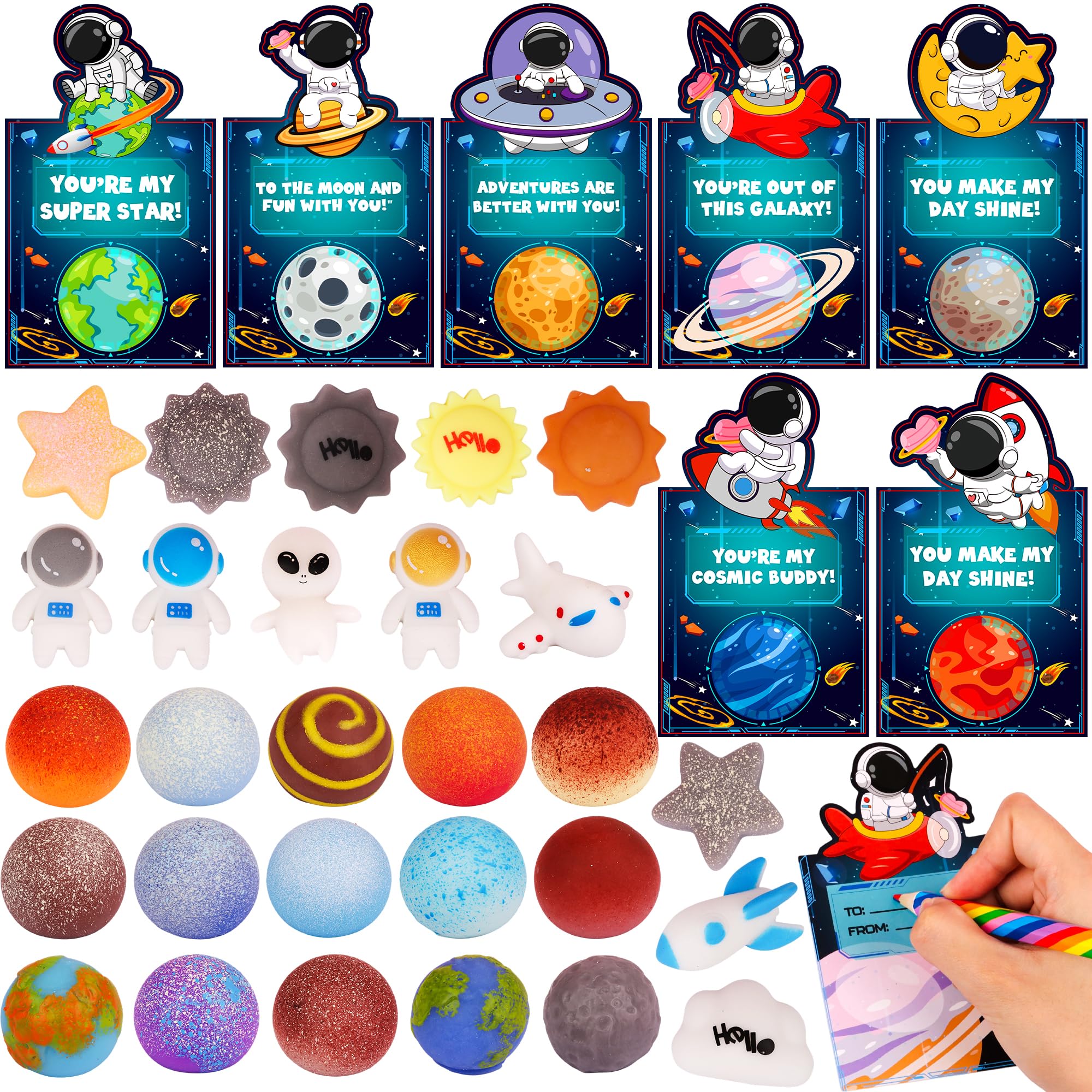 Envotek 28-pack galaxy squishies and cards for classroom gift exchange.