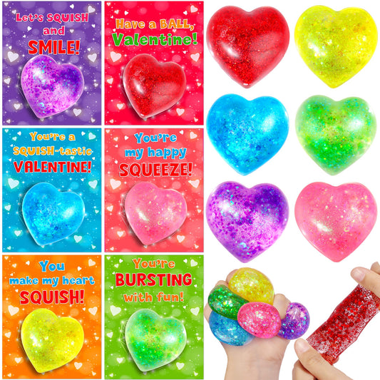 Envotek heart fidget balls with Valentine cards for classroom fun and stress-relief play.