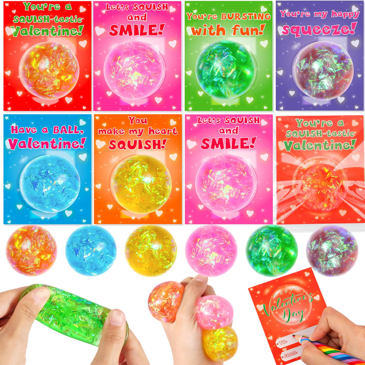 Envotek valentine cards with squeeze balls, ready for classroom exchange, promotes friendly sharing and sensory fun.