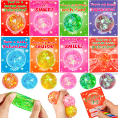 Envotek valentine cards with squeeze balls, ready for classroom exchange, promotes friendly sharing and sensory fun.