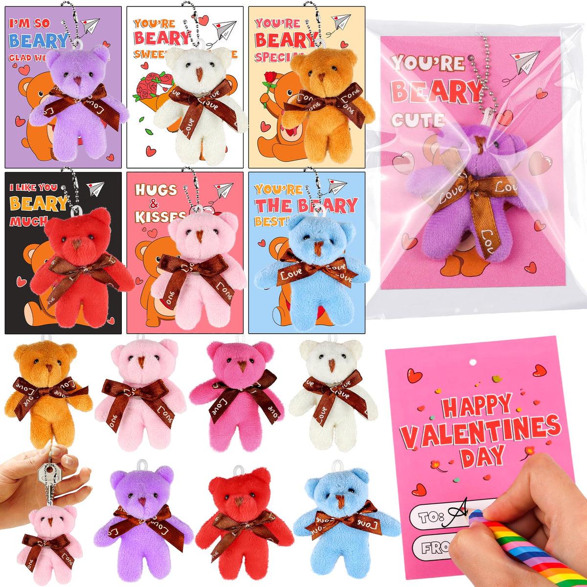 Envotek valentines bear card with keychain, ideal for classroom exchanges.
