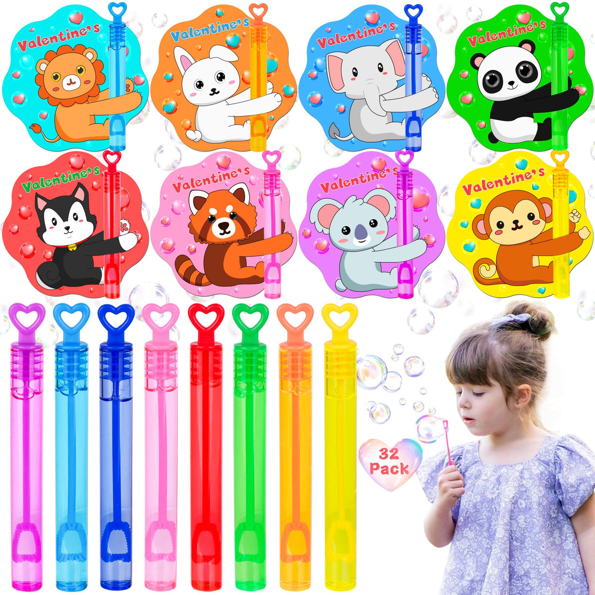 Envotek Valentines bubble wands 32-pack shown for classroom exchanges and festive color ideas.