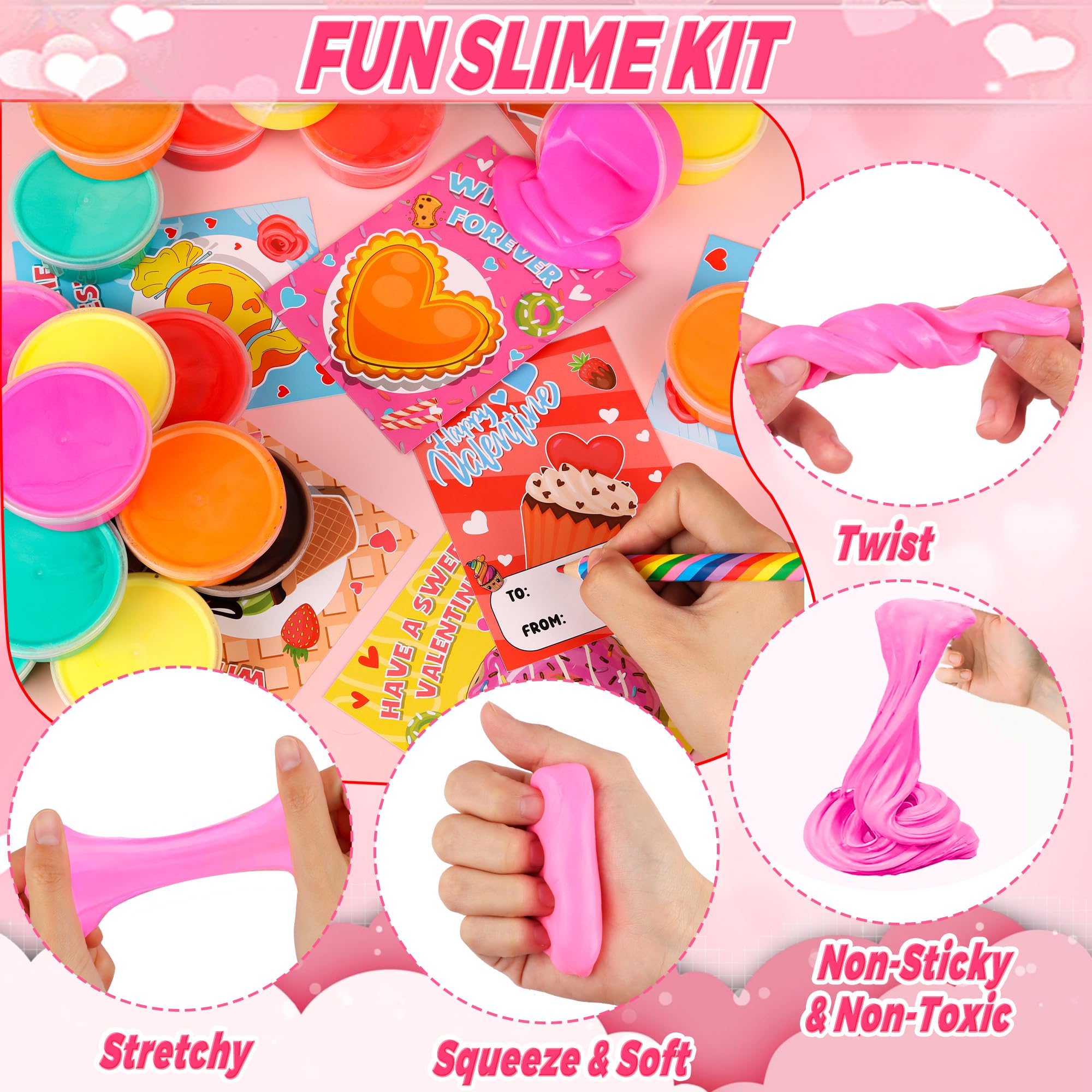 Envotek Valentines cards and slime swatches arranged for a classroom activity.