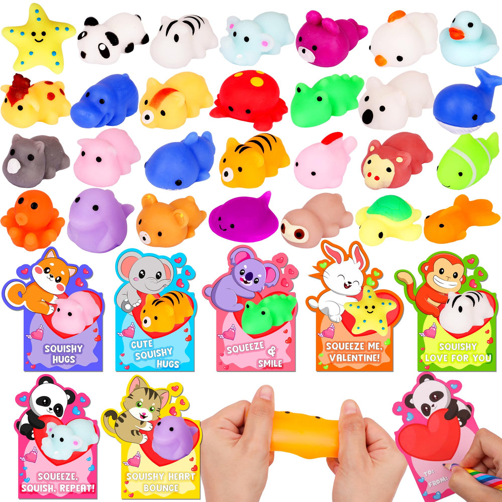 Envotek valentines cards with kawaii mochi squishies for classroom exchanges.