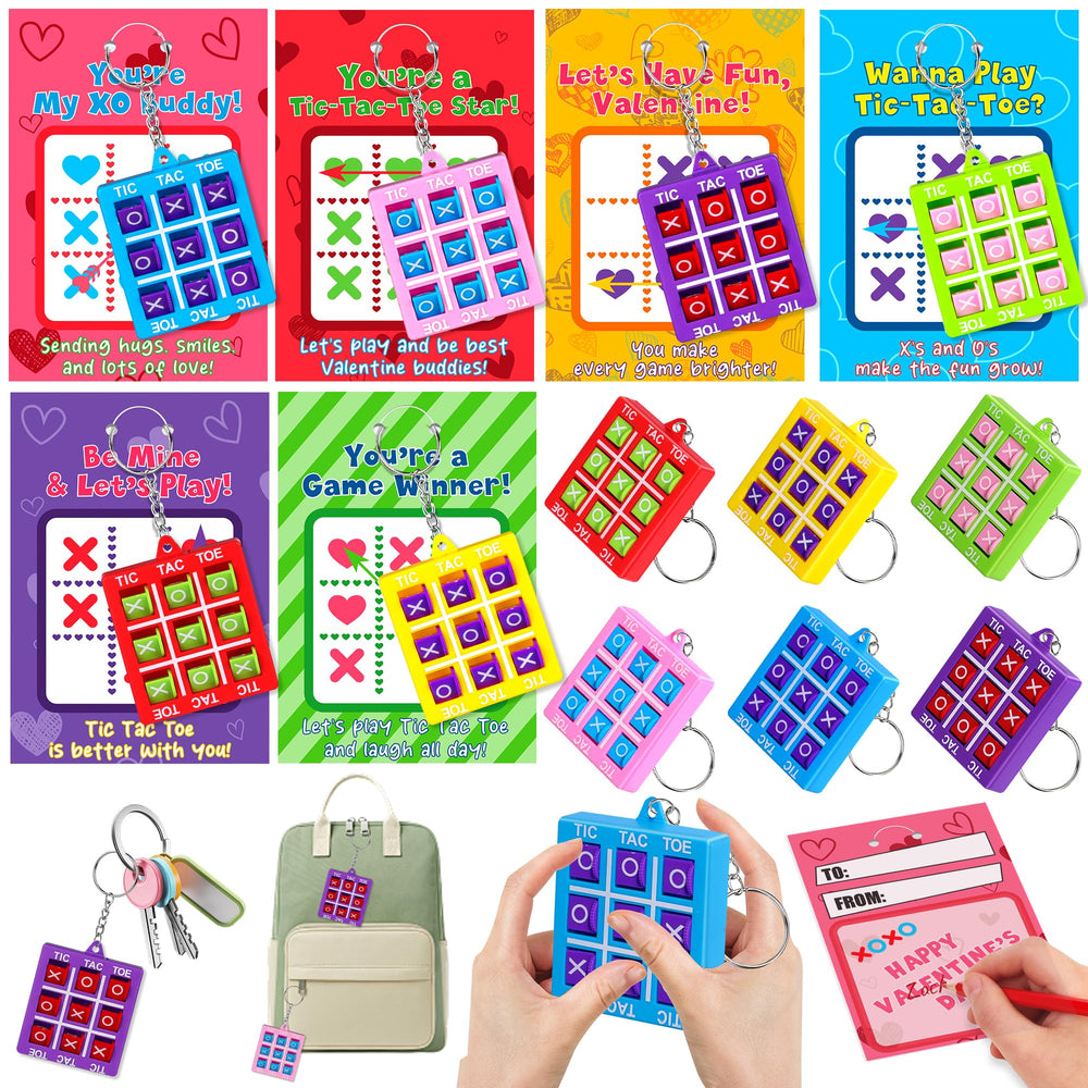 Envotek valentines kid card keychain set with tic-tac-toe for classroom exchanges.